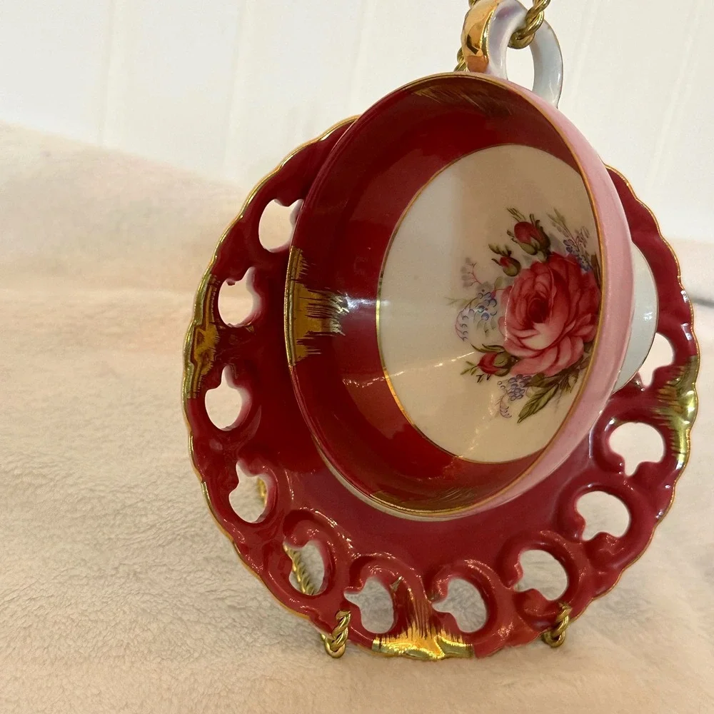 Japan Porcelain Tea Cup Saucer Set Pink Gold Reticulated Rose Floral Excellent